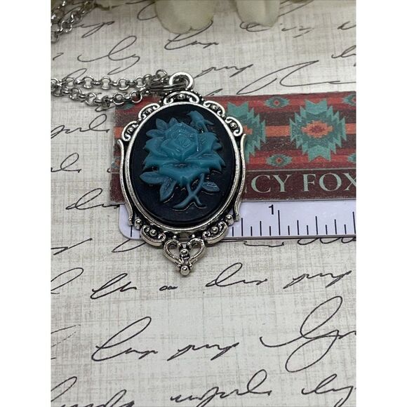 Cameo Necklace Turquoise Rose Wedding Jewelry Black Gothic Anniversary Easter - Picture 13 of 13